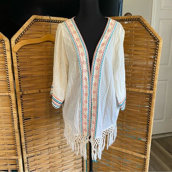 Natural Reflections Cream Kimono with Colorful southwest embroidery and Fringe M - Picture 1 of 7